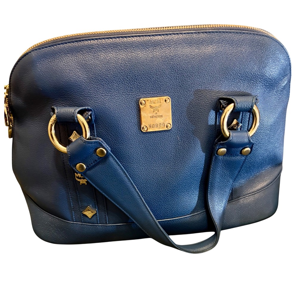 MCM Mini Dome Satchel Blue Leather Gold Hardware Vintage Handbag